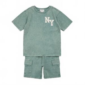 NEW MILES BABY boys acid wash cargo short set in teal